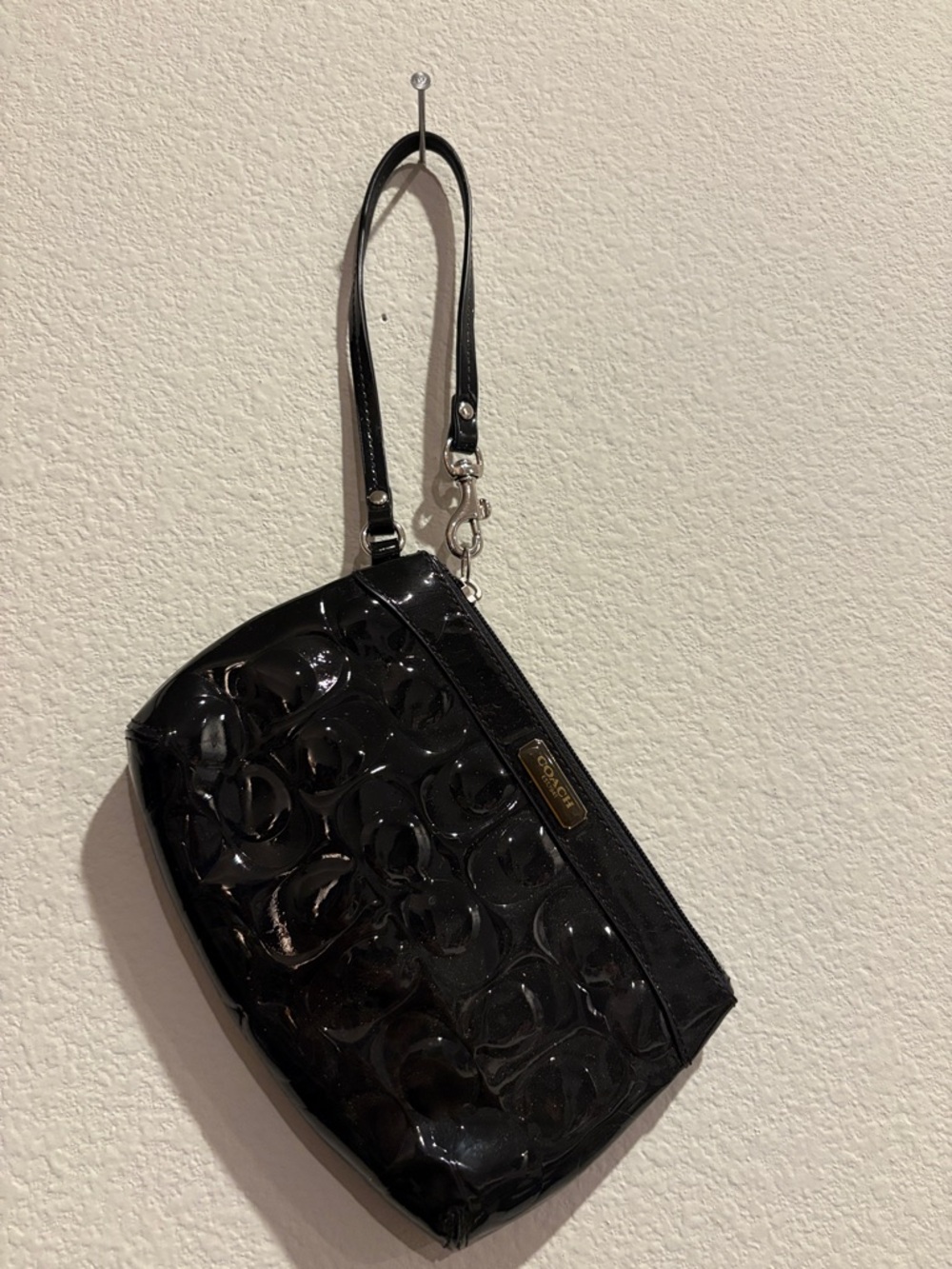 Coach Black Patent Leather Wristlet with Signature Emboss